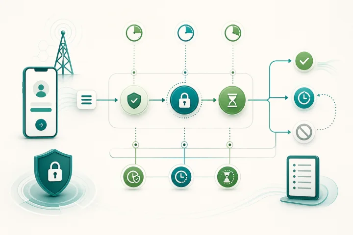 Diagrama operativo de estados y temporizadores para solicitudes OTP por SMS