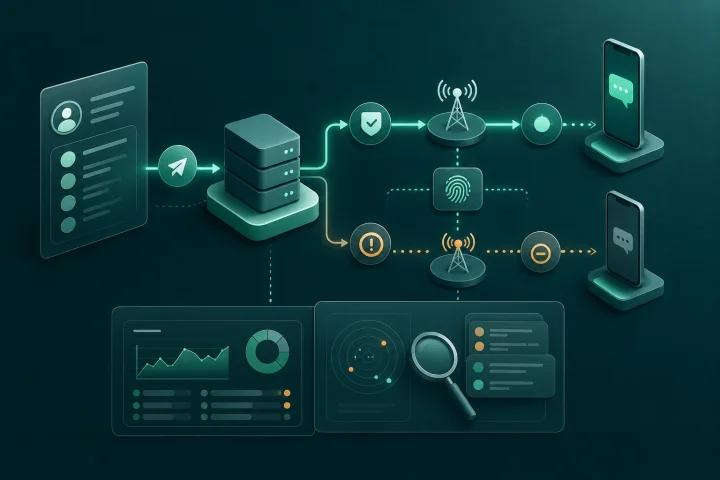 Diagrama operativo de fallback A2P SMS entre ruta primaria, observación, contención e investigación