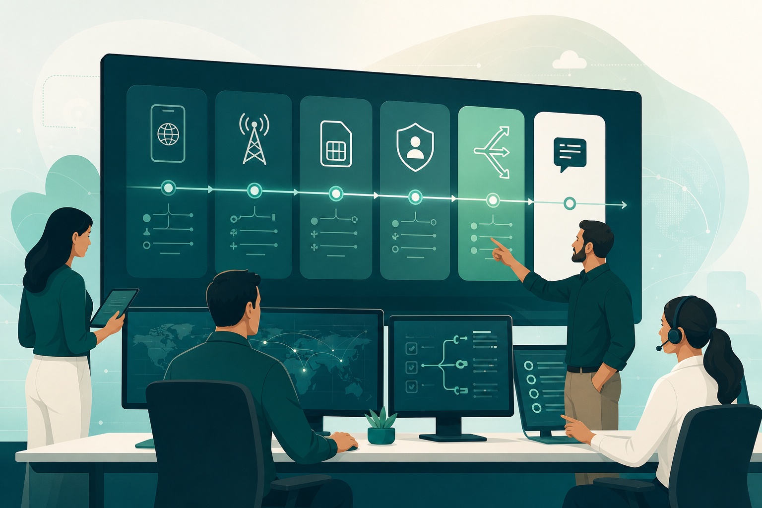 Equipo de operaciones analizando señales de numeración y routing para SMS A2P