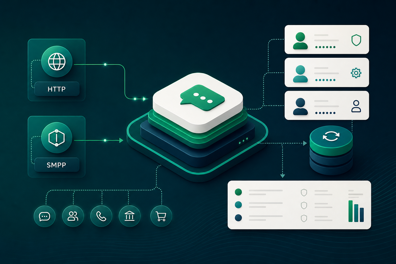 Diagrama de gestión segura de credenciales HTTP y SMPP para tráfico A2P SMS