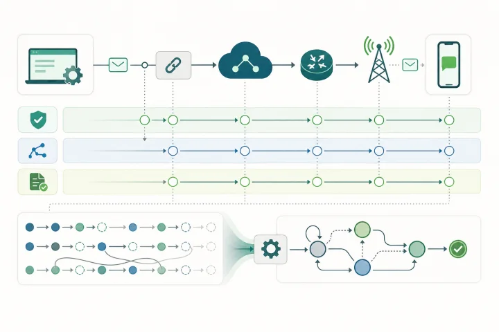 Diagrama operativo de estados de envío y DLR para un mensaje A2P SMS