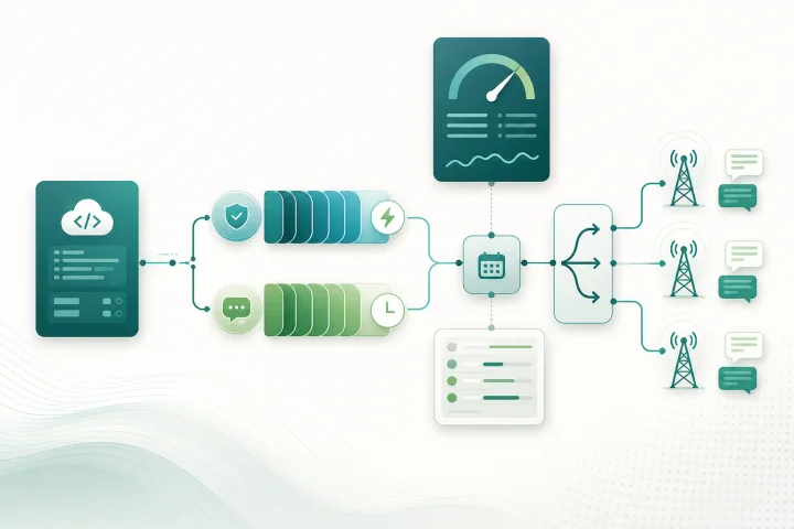 Diagrama operativo de una cola A2P SMS con control de admisión, límites y prioridades