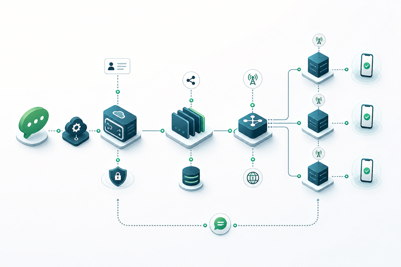 Diagrama de trazabilidad de un mensaje A2P SMS desde una API hasta un DLR