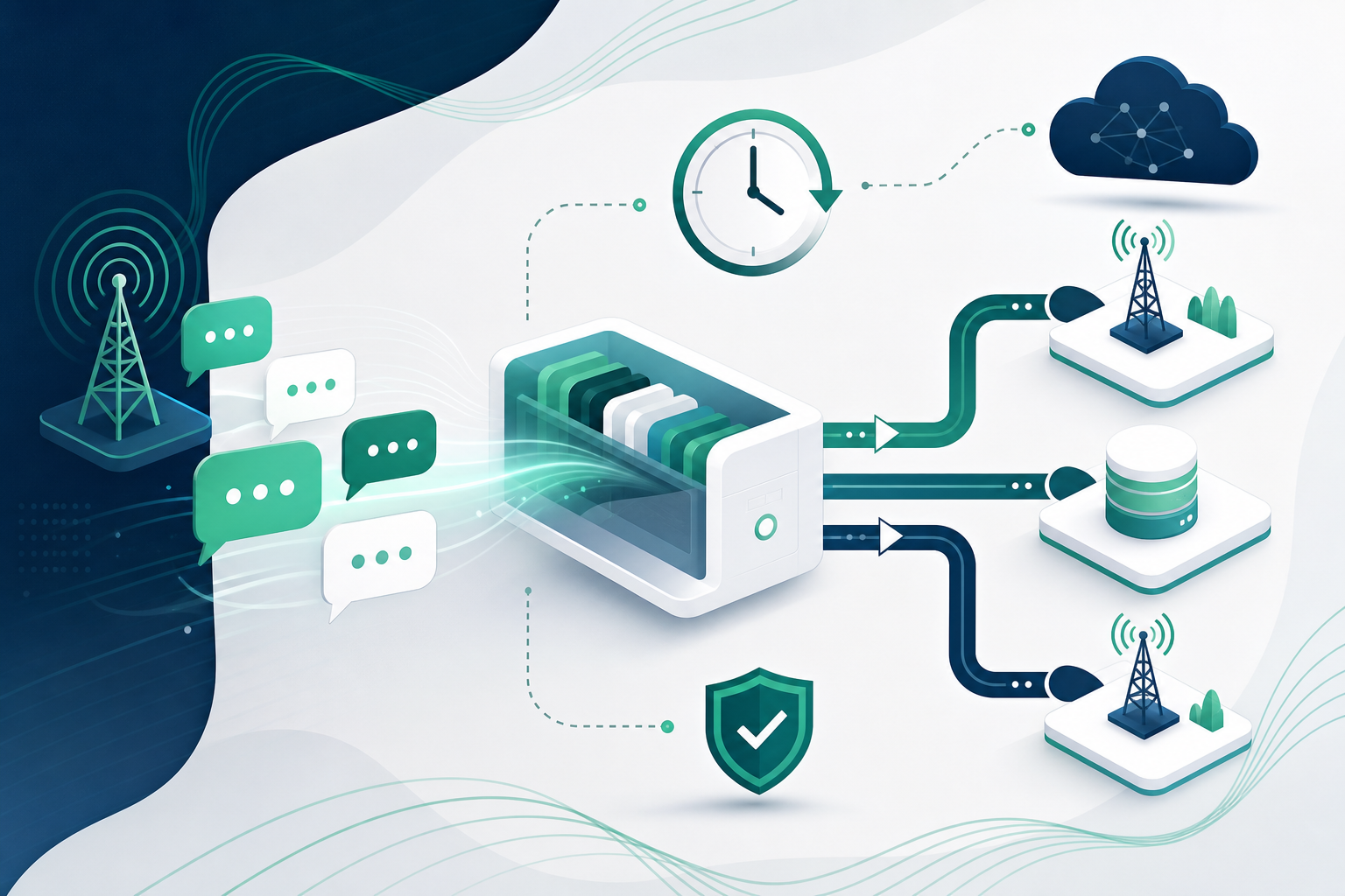 Diagramm zur Betriebskontinuität für A2P-SMS-Traffic mit Abhängigkeiten, RTO, RPO und Nachrichtenstatus