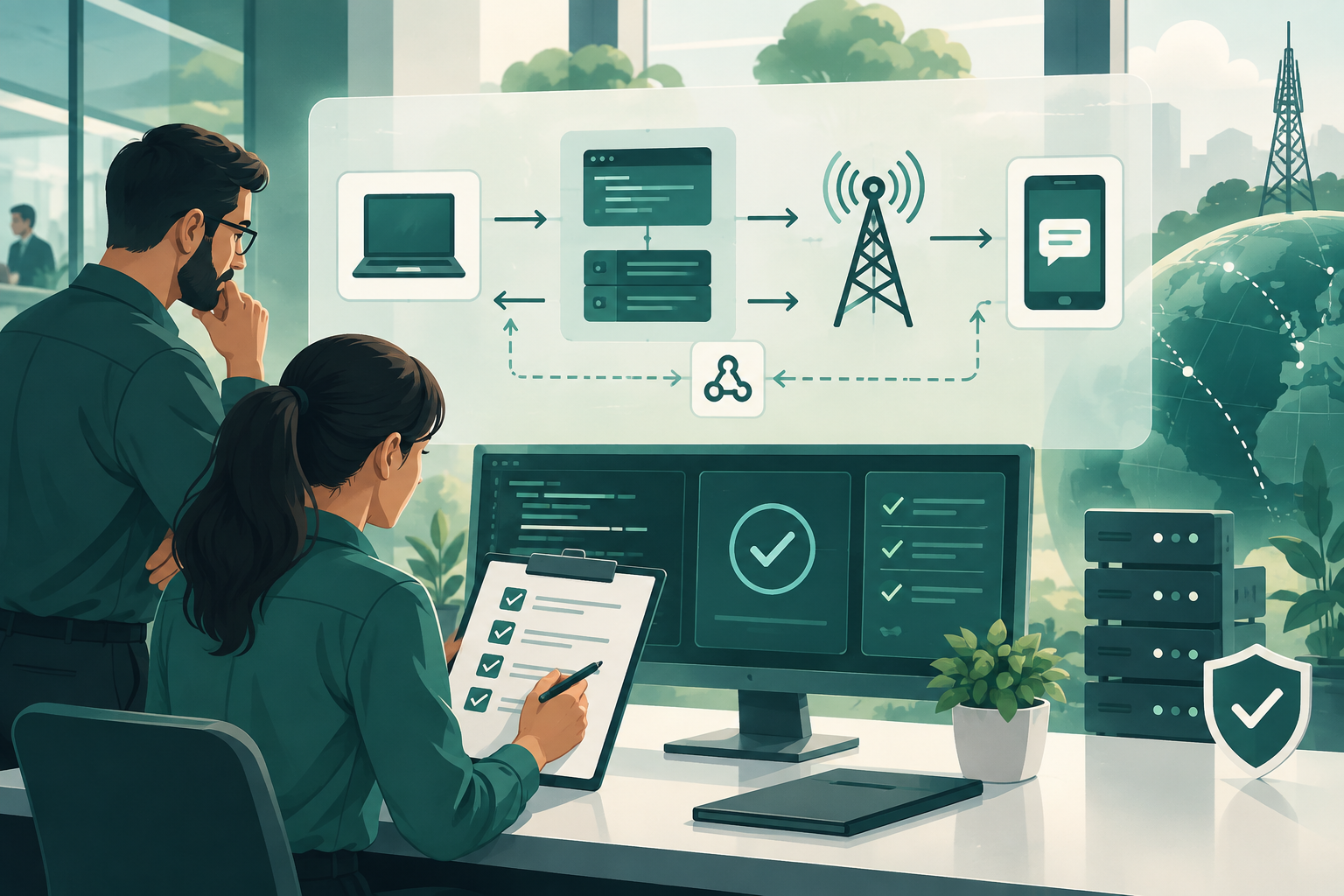 Team tecnico consulta una checklist di test di accettazione per un’integrazione SMS A2P