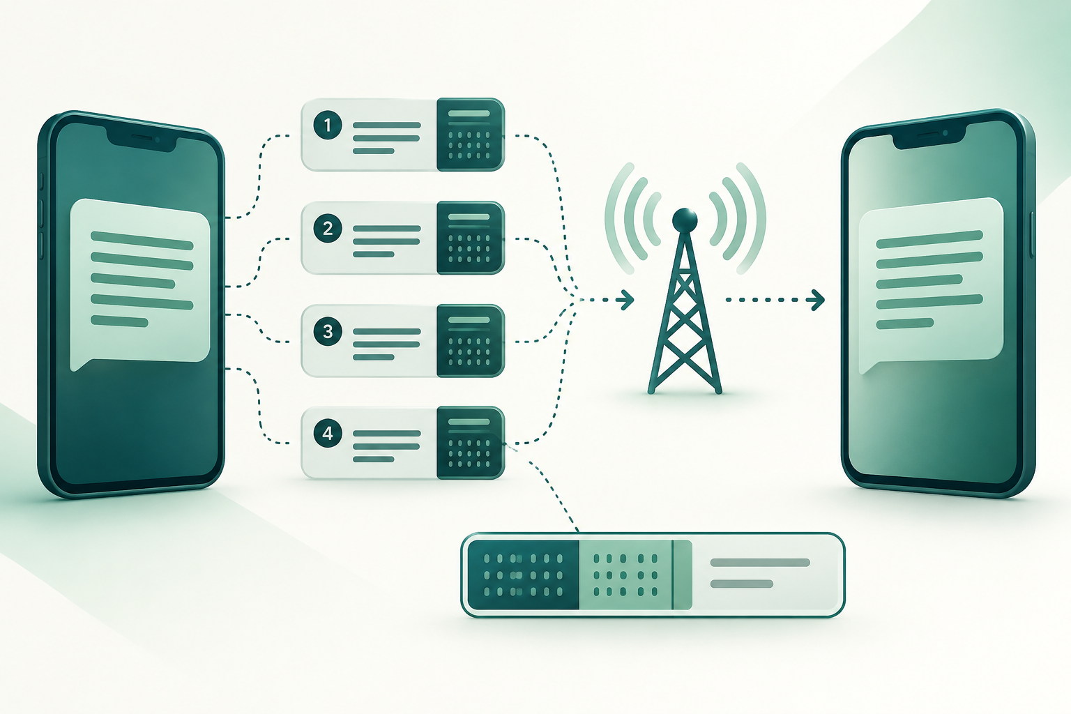 Diagramm einer SMS, die mit Codierung und Header in verkettete Segmente aufgeteilt ist