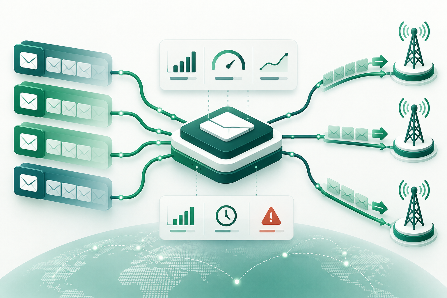 Diagrama operativo de límites TPS, colas y métricas de tráfico A2P SMS por destino