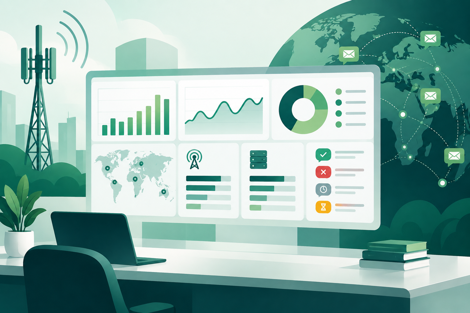 Dashboard operativa A2P SMS con metriche segmentate e stati di consegna in sospeso chiaramente identificati