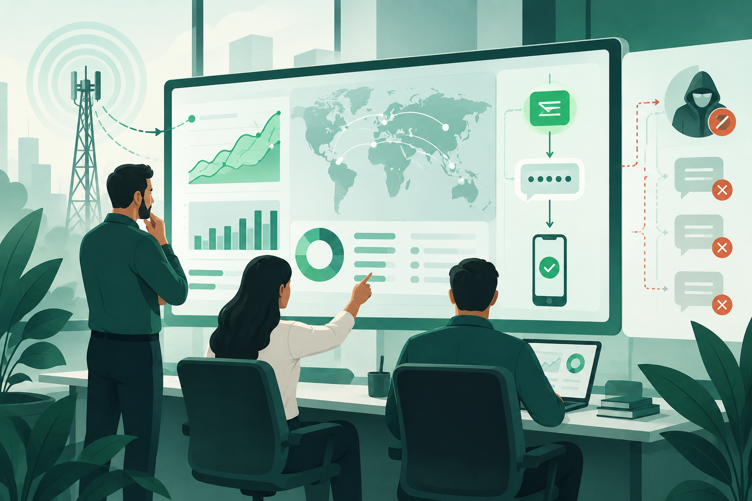 Operations dashboard comparing OTP request volume, destinations, delivery statuses, and costs to investigate anomalous SMS traffic