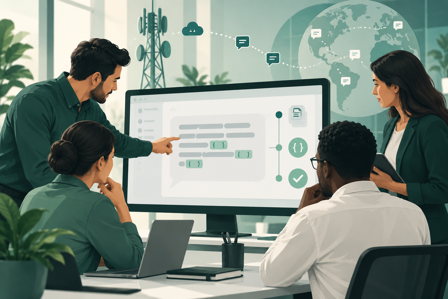 Equipo técnico revisa y aprueba versiones de plantillas SMS A2P antes de su publicación