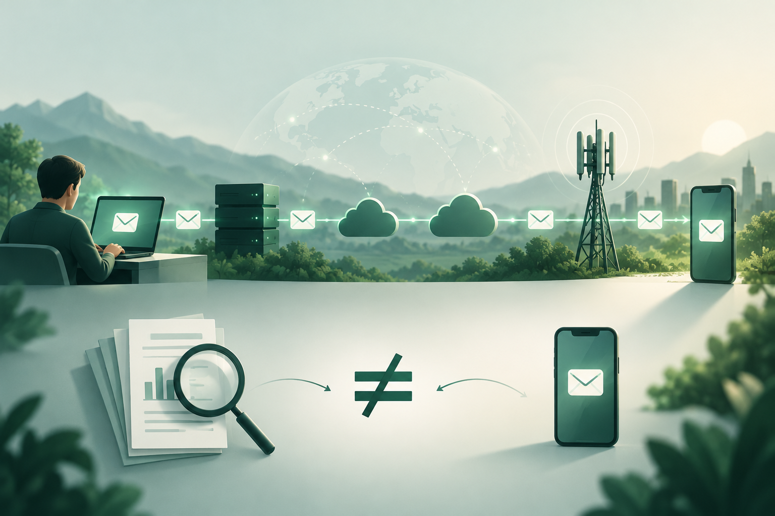 Conceptual illustration of an A2P SMS route and the evidence needed to evaluate service objectives