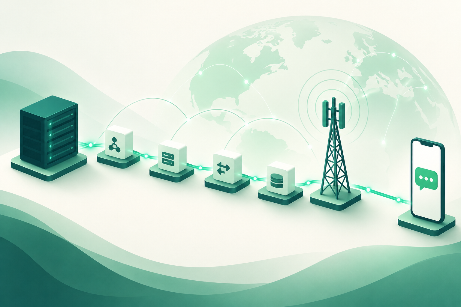 Schéma conceptuel d’une chaîne d’acheminement A2P SMS reliant une source, des intermédiaires et une destination