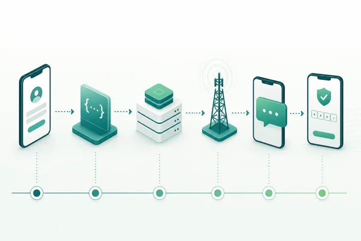 Diagrama de las etapas de latencia de un código OTP enviado por SMS